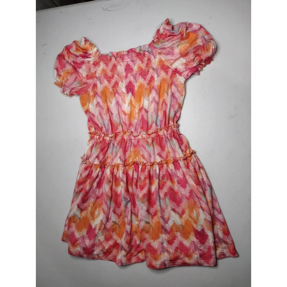 BCBG Girls Pink Orange Tie Dye Smocked Tiered Ruffle Dress Size‎ S 7 8